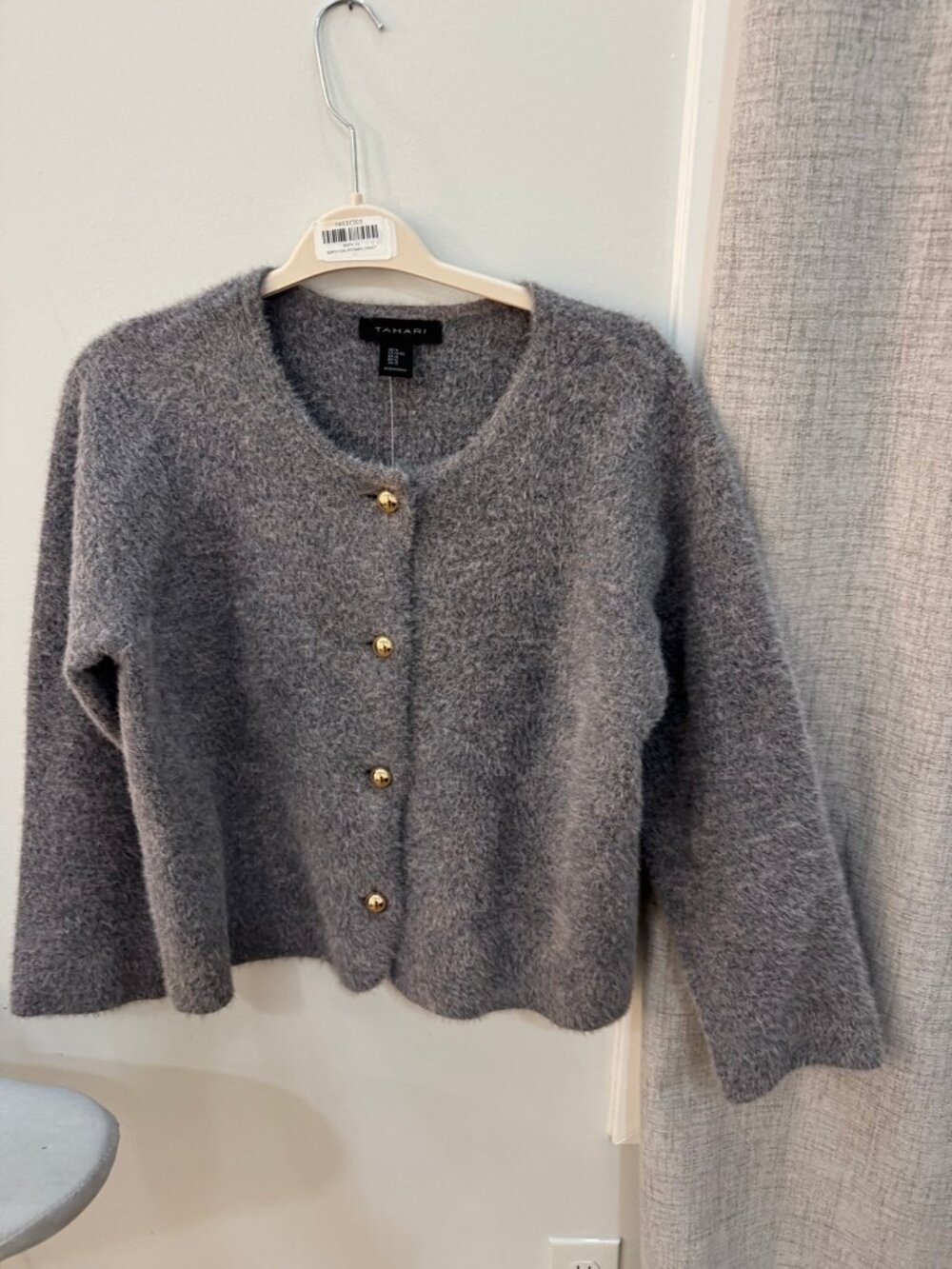 Tahari Gray Fuzzy Cardigan Gold Ball Buttons XL